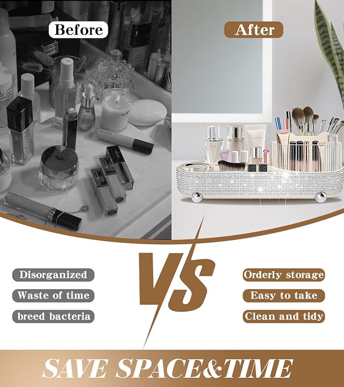 Yivaiks 360° Rotate Bling Makeup Organizer for Vanity Cosmetic Countertop Rhinestones Makeup Brush Holder Skincare Organizers Desk Storage Accessories
