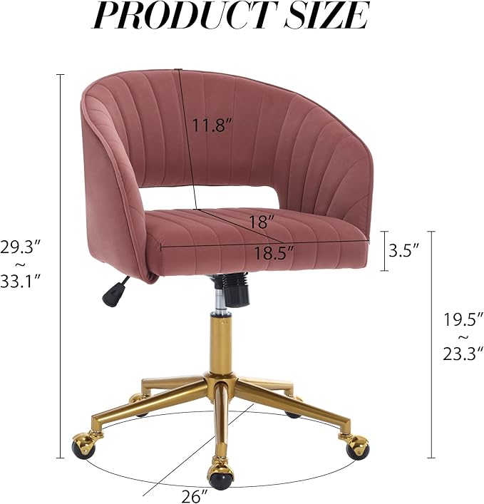 Home Office Chair Swivel Velvet Desk Chair Accent Armchair Upholstered Modern Tufted Chairs with Gold Base for Girls Women Ergonomic Study Seat Computer Task Stools for Living Room(Rose)