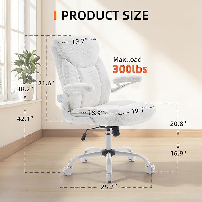 Home Office Ergonomic Desk Chair - Comfy Leather Executive Chair with Flip-Up Armrests, Lumbar Support, 360° Swivel & Rocking (White)