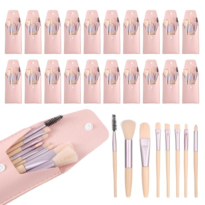 20 Sets Pink Travel Makeup Brush Set Bulk Synthetic Fiber Makeup Brushes Set Bridesmaid Gift for Wedding Bridal Shower Favors Bachelorette Party Gift (Ivory Beige)