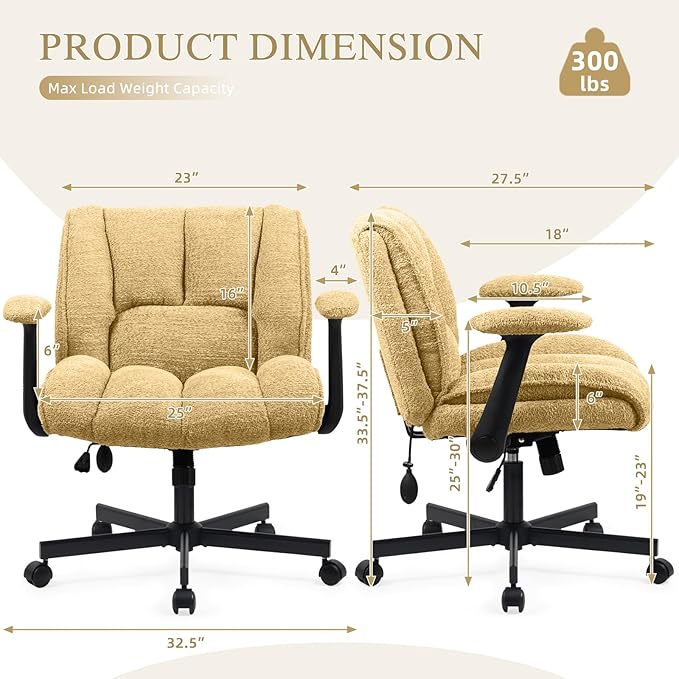 Criss Cross Legged Office Chair with Flip-Up Arms and Wheels, Wide Seat Desk Chair with Built-In Dynamic Airbag Lumbar Support, Modern Cross-Leg Chair for Home Office, Apartment, Vanity, Yellow