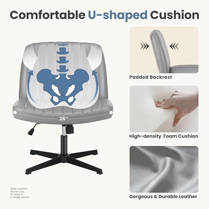 DUMOS Desk Chair No Wheels, Criss Cross Chair Wide Cross Legged Office Desk Vanity Chair, PU Leather Armless Adjustable Swivel Chairs for Home Computer Task,Grey-pu