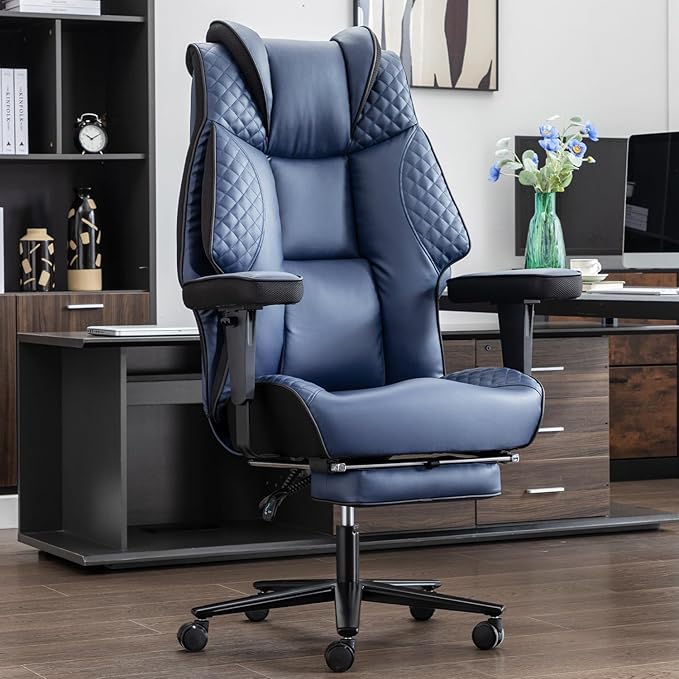Big and Tall Office Chair 500lbs - 23.6" Extra Wide Seat Ergonomic Executive Chair, Heavy Duty Metal Base High Back Leather Office Chair with Footrest, Lumbar Support & Adjustable Arm, Blue