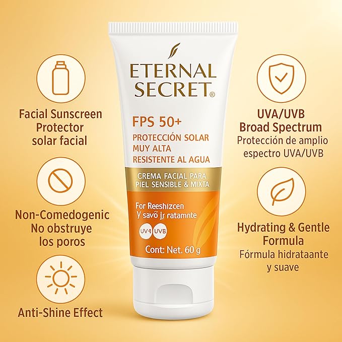 Eternal Secret High Protection Sunscreen for Face - SPF 50+ Water-resistant, Non-Sticky Texture, 2.12 oz - Bloqueador Facial/Corporal Eternal Secret FPS 50+ 2.12 oz