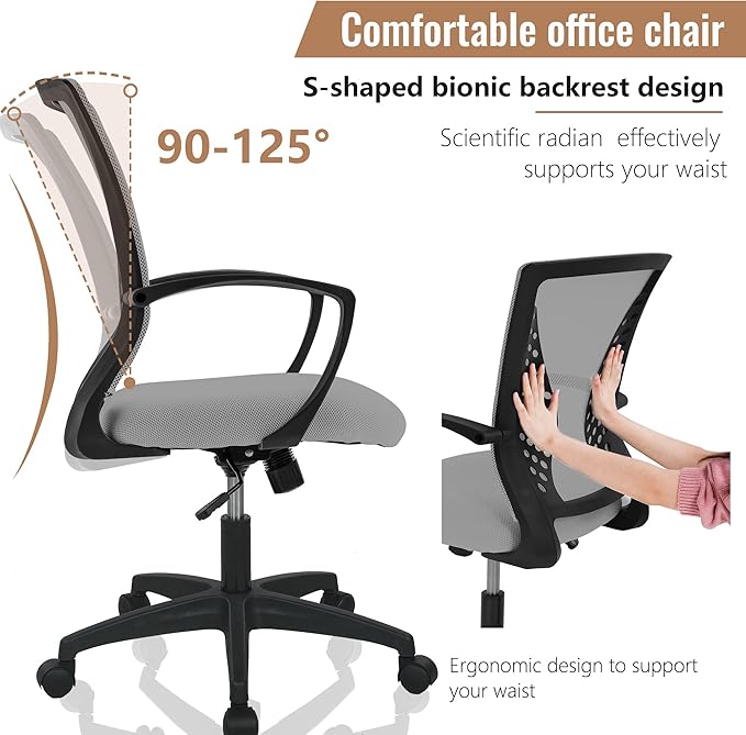 FDW Home Office Chair Mid Back PC Swivel Lumbar Support Adjustable Desk Task Computer Ergonomic Comfortable Mesh Chair with Armrest (Grey)