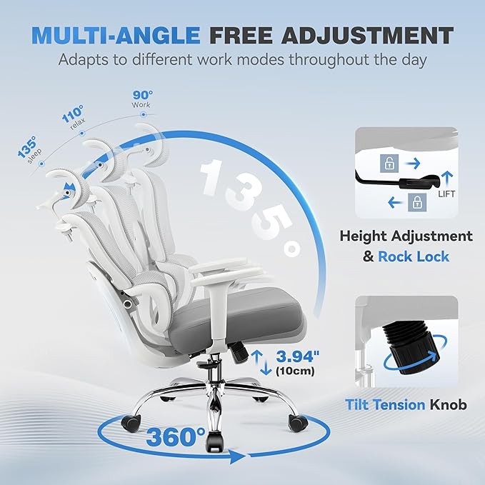 Ergonomic Office Desk Chair, High Back Mesh Office Chair with Adjustable Lumbar Support, 3D Headrest, Big and Tall Home Computer Desk Chairs Comfy for Work, Gaming, 300lbs, (Gray, 2 Pack)