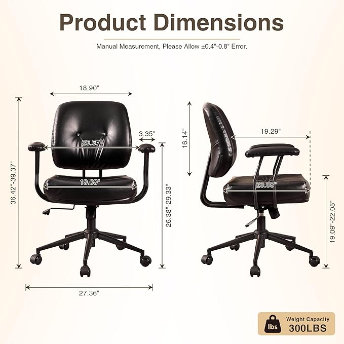HOOOWOOO Ergonomic Office Chair,Mid Century Modern Computer Desk Chair,Comfy Executive Chair with Extra Wide Tufted Cloudy Seat Lumbar Support Rocking Back,PU Leather Black