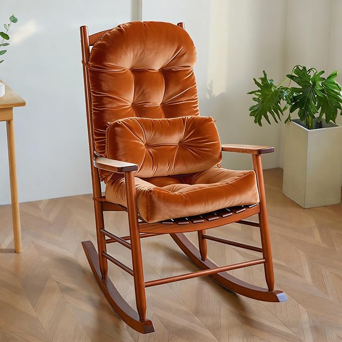 Rocking Chair Cushion Indoor Large Chair Pads Set with Ties Extra Lumbar Pillow Premium Dutch Velvet High Resilience Filler Non-Slip Bottom, Orange