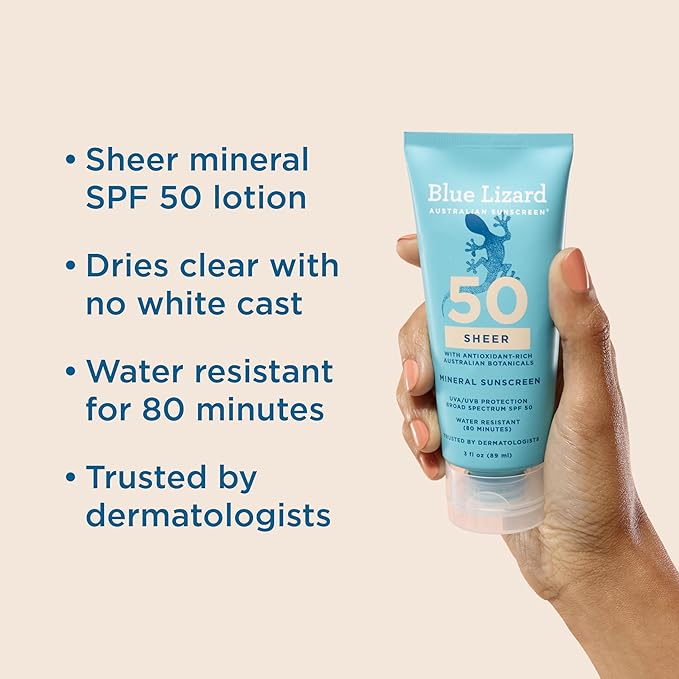 Blue Lizard Sheer Mineral SPF 50 Sunscreen Lotion, Zinc Oxide, 100% Mineral Formula, Nourishes with Australian Desert Lime and Peach, Paraben-Free, Fragrance-Free, 3 fl oz, (Pack of 2)