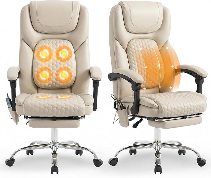 Massage Office Chair Set of 2 with 3-Level Heat and Footrest – 20-Min Easy Assembly, 300 lbs Big and Tall Desk Chair, PU Leather Ergonomic Executive Computer Chair with Side Pocket, Beige