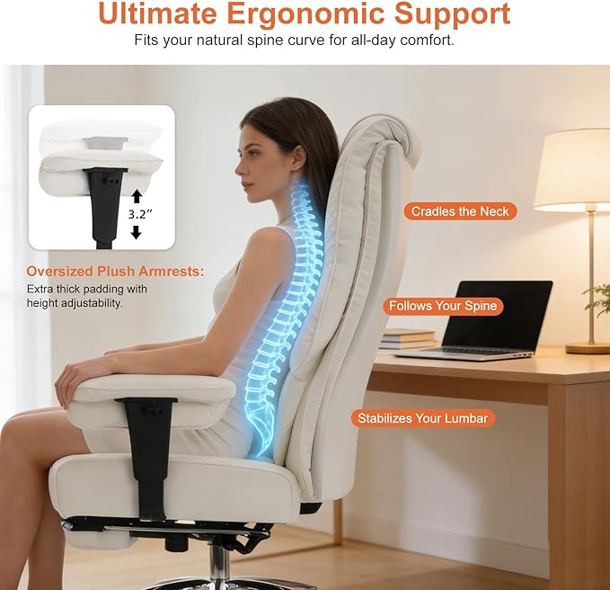 Big and Tall Office Chair 400lbs Wide Seat, Leather High Back Executive Office Chairs with Foot Rest, Ergonomic Lumbar Support for Lower Back Pain Relief (White)
