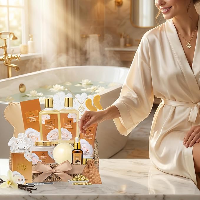 Mothers Day Gifts for Women - 17Pcs Vanilla Bath and Body Gift Basket Set for Women Spa Gift Baskets Spa Kit | Gifts for Christmas, Valentines Day, Birthday Gift, Self Skin Care Gift Sets for Her