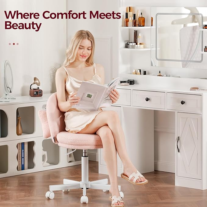 GTPLAYER Velvet Tall Office Chair with Wheels Vanity Chairs with Back, Versatile Height Use: Office to Bar Stools Small Ergonomic Comfy Armlees Computer Desk Chair with Bow Lumbar Pillow for Gift