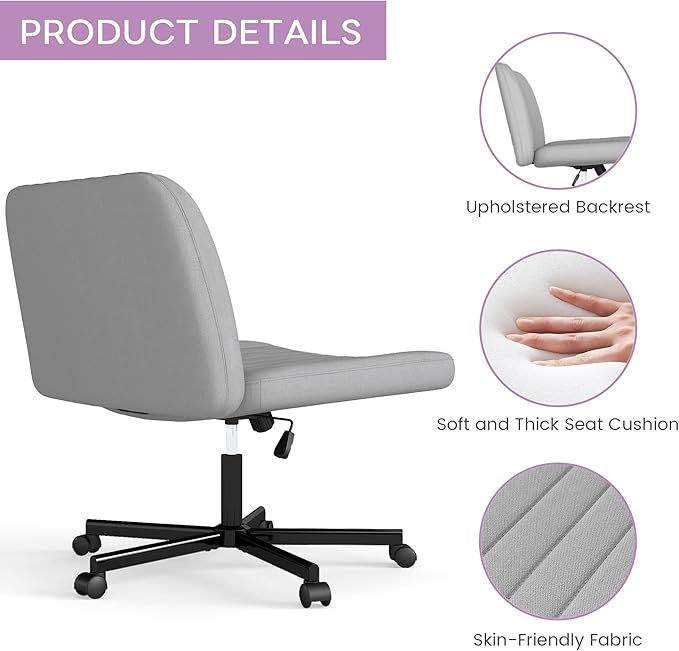 Criss Cross Chair, Extra Wide Armless Rolling Office Desk Chair with Wheels, Plus Size Viral Vanity Legged Chair, Bedroom, Grey