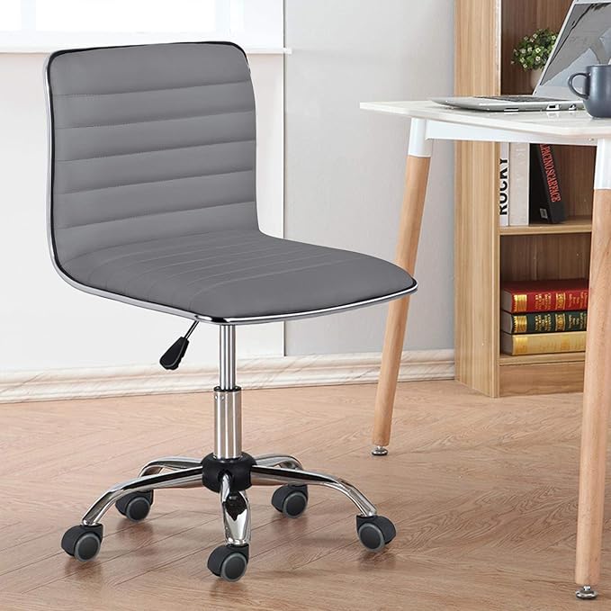 Yaheetech PU Leather Ribbed Armless Task Office Chair, Adjustable Low Back Executive Chair with Wheels Gray