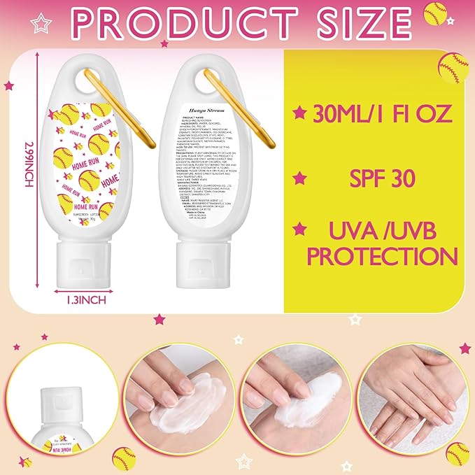 Leelosp 24 Pcs Softball Bulk Mini Sunscreen with Carabiner Bulk Travel Size 1oz Spf 30+ Sport Party Favor Water-resistant Sunscreen Keychain Bottle Softball Team Gift for Girls Friends Party Supplies
