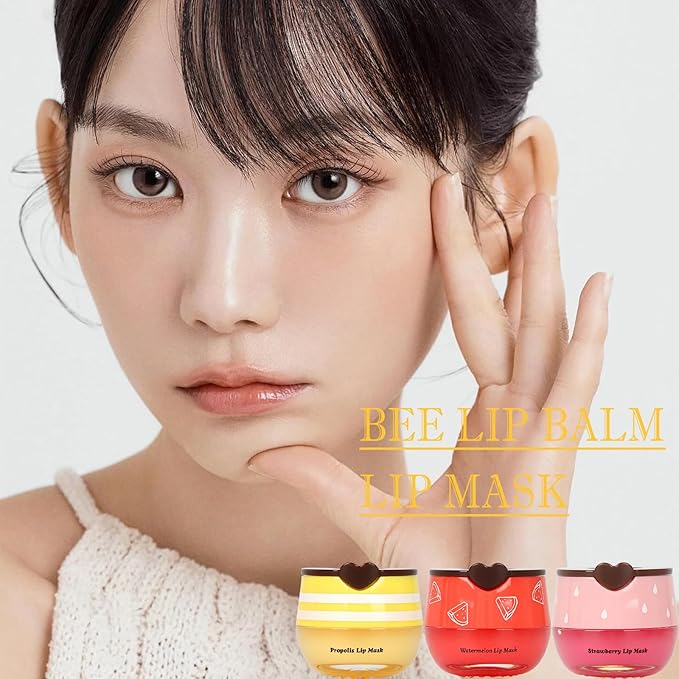 3 PCS Bee Lip Balm Lip Mask Honey Pot, Mothers Day Gifts, Honey & Strawberry & Watermelon Lip Sleeping Mask Overnight Moisturizing Honey Lip Balm, Teacher Appreciation Gifts, Easter Basket Stuffers