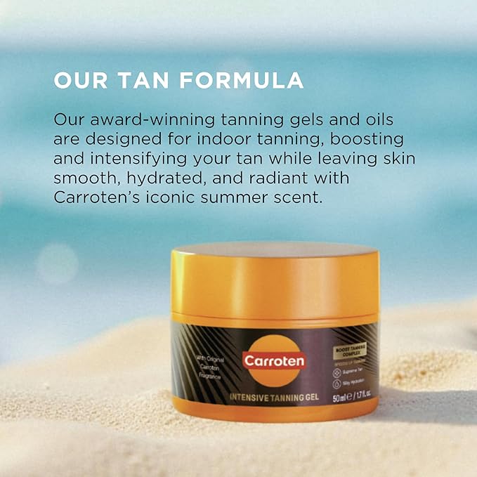 Carroten Mini Intensive Tanning Gel | Travel Size Browning Tan Accelerator | Non-Greasy Water-Resistant with Carrot & Coconut Oil | Vitamin A&E For Moisture & Hydration | 1.7 oz + Spatula