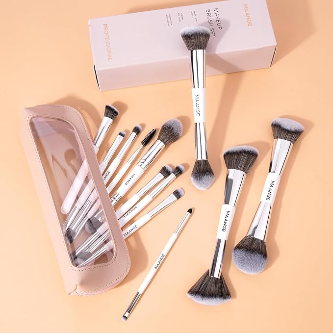 MAANGE Makeup Brush Set 23-In-12 Pcs Essential Foundation Makeup Brushes for Powder Concealers Eye Shadows Blush Make Up Brushes with Travel Makeup Case - Silver