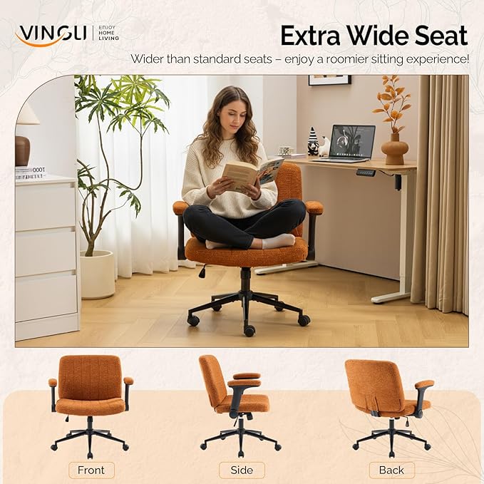 VINGLI Criss Cross Chair with Adjustable Flip-Up Arms,Cross Legged Chair with Wheels,Extra Wide Office Chair,Desk Chair for Home Office,Vanity,Bedroom, Apartment,Starry Chenille,Burnt Orange