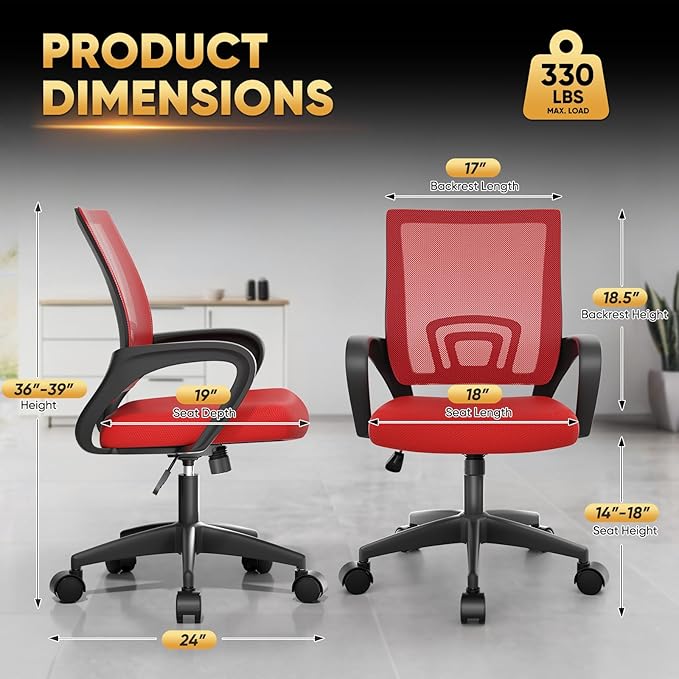 Magshion Ergonomic Office Desk Chair, Mid-Back Mesh Computer Chair, Swivel Chair with Breathable Backrest & Lumbar Support, Adjustable Height for Gaming, Work, Study, 300 Lbs Capacity, Red