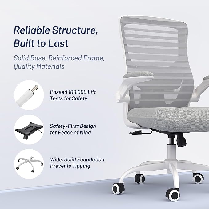 Office Chair for Long Hours & Lower Back Pain Relief – 4" Thick Molded Foam Cushion, Padded Lumbar Support and Flip-up Armrests, Ideal for Office or Study (Modern, Light Gray)