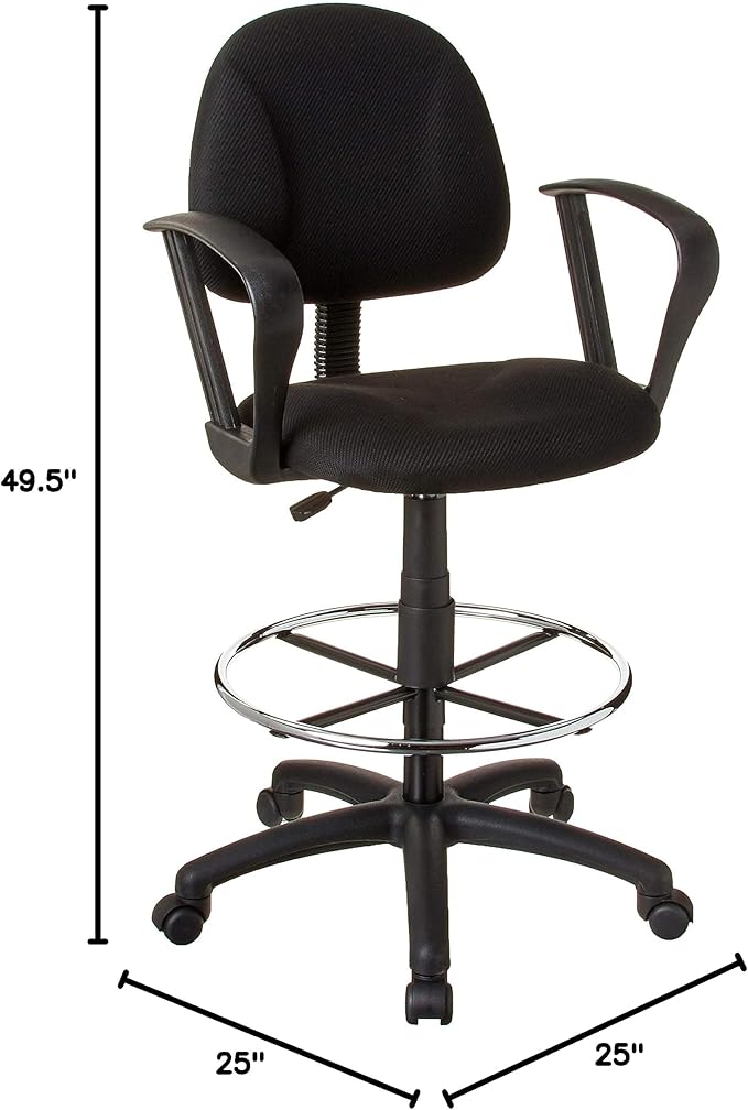 Boss Office Products Ergonomic Works Drafting Chair with Loop Arms in Black, Mid-Back