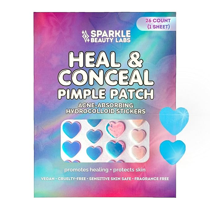 Heal & Conceal Pimple Patch, Cute Holographic Acne Patches For Face, Fun Hydrocolloid Zit Stickers For Breakouts (Holographic Hearts - 26 count /1 sheet)