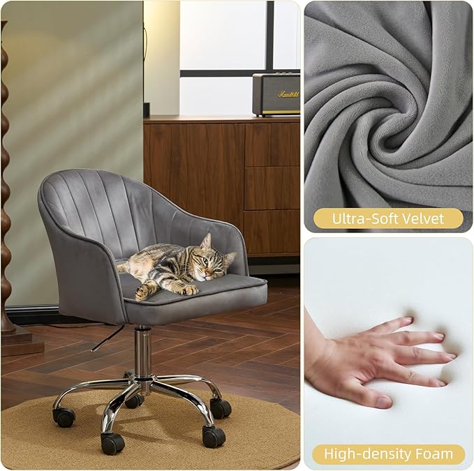 MOJAY Velvet Office Swivel Chair, Vanity Fabric Desk Pretty Fancy Gold Office Chairs for Girls, 360°Swivel Height Adjustable Reception Chair (LightGray)