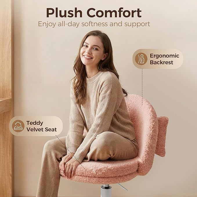 GTPOFFICE Vanity Chair with Back, Adjustable Tall Office Chair High Swivel Bar Stools Fluffy Cute Desk Chair Comfy with Wheels Bow Pillow Armlees for Adults Standing Desk Bar, Teddy Velvet, Pink