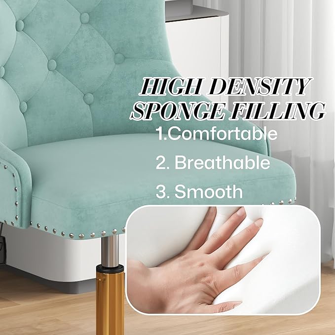 Velvet Armless Home Office Desk Chair, Swivel Height-Adjustable Small Cute Vanity Chair for Women/Girls, Comfy Makeup Chair with Rivet and Gold Base for Living Room, Bedroom(Green)