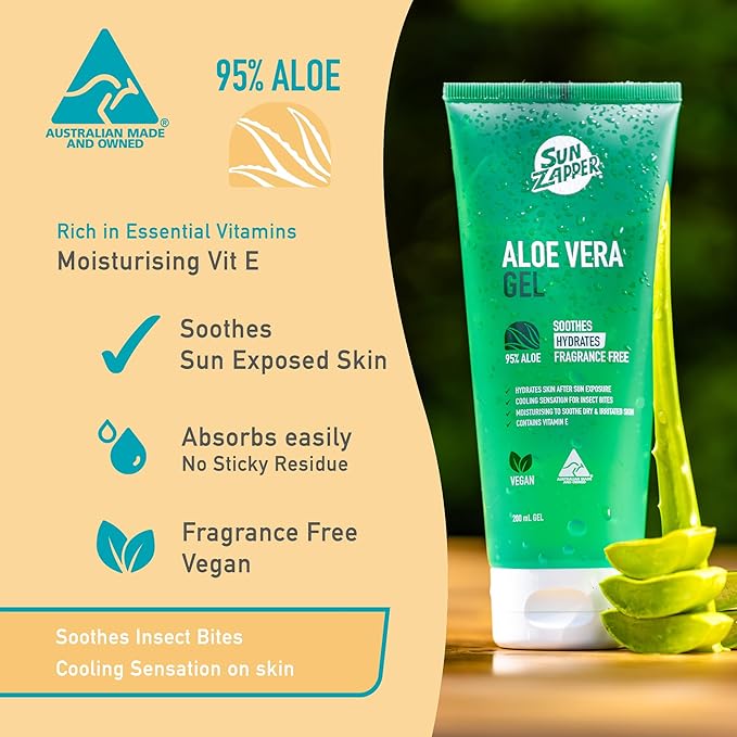 Sun Zapper After Sun Aloe Vera Gel 200mL (6.7 oz) – Cooling Sunburn Gel with Vitamin E and Panthenol, Fragrance Free, Moisturizing After Sun Care for Face and Body, Instant Soothing, Australian Made