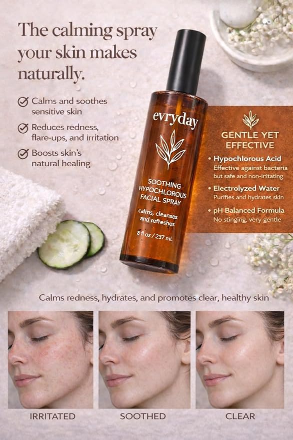 evryday™ Hypochlorous Acid Spray for Face and Body 8oz | Gentle Facial Hydration Mist for Sensitive, Irritated and Acne-Prone Complexions | pH-Balanced Daily Toner & Piercing Care Support