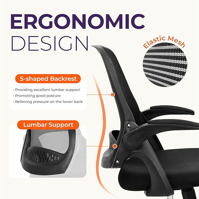 NEO CHAIR Office Desk Computer Gaming Ergonomic Chair with Lumbar Back Support Adjustable Height Swivel Wheels Flip-up Arms Mesh Chair for Home or Office (Black)