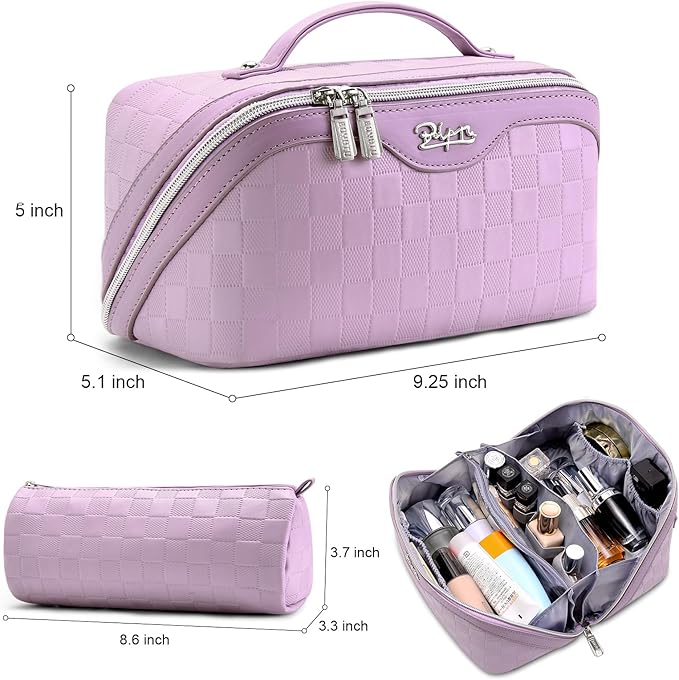 BOYATU Travel Makeup Bag Organizer: 3 Pcs Set Large Capacity Cosmetic Bags Holds 10–20 100ml Full-Size Bottles - 180°Open-Flat Make up Case 3-sec touch-up - Toiletry Bag Gift women (01-F-Purple)