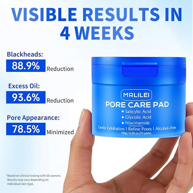 BHA Salicylic Acid Toner Pads with Pore Care - Dual-Textured Facial Exfoliation Toner Pads with Glycolic Acid, Niacinamide Daily Face Skincare - 70 Pads + 4 Trial Pads
