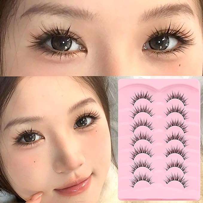 Veleasha Lashes Kit Manga Eyelashes DIY Lash Spiky Lash Clusters with Eyelash Glue & Tweezers Natural Look Eyelashes with Multiple Wear Ways Soft Cotton Band Lashes Wispy 7 Pairs Pack (Sugar Kit)
