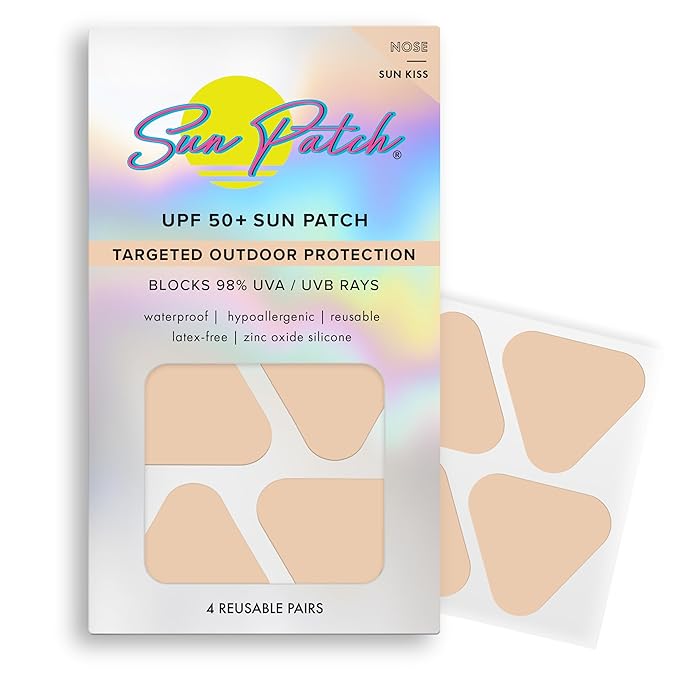 Sun Patch, Reusable Sunblock Patches for Nose, 100% Silicone Sunscreen Nose Patches for UV Protection, Face Stickers with UPF 50, 1 Pack/4 Patches, Sunkiss (Nude) (Golf, Surf, Swim, Ski & Snow)