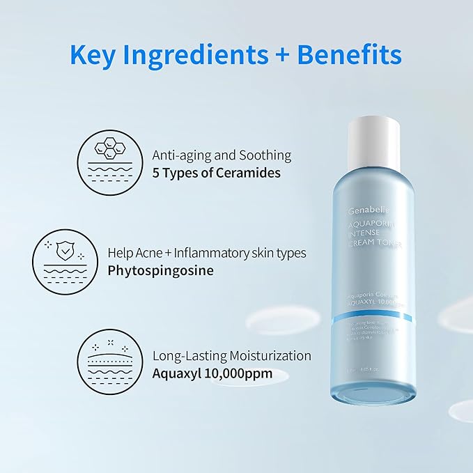 Genabelle Aquaporin Intense Cream Toner | Milky Glow Essence with Ceramide, Panthenol, AQUAXYL for Soothing Moisture, Non-Sticky Formula - Dermatologist Tested - 4.05 fl.oz