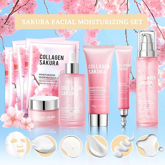 Sakura Skin Care Set,Moisturizing Skincare Kit with Face Cleanser,Facial Serum,Toner,Eye Cream,Face Cream and Hydrating Face Masks,Long-lasting Nourishing Skincare Set Facial Kit for Women（8pcs）