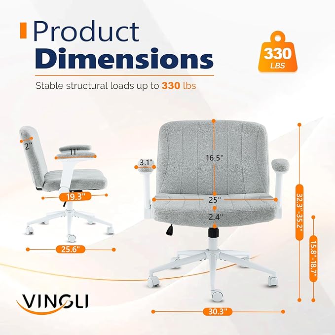 VINGLI Criss Cross Chair with Adjustable Flip-Up Arms,Cross Legged Chair with Wheels, Extra Wide Office Chair,Cozy Desk Chair for Home Office, Vanity, Apartment,Chenille Velvet,Light Blue-Green