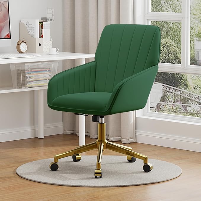 YISHENG Velvet Office Desk Chair with Gold Base, with Wheels,Modern Height Adjustable 360 Degree Swivel Upholstered Vanity Chairs with Arms for Living Room Bedroom,Green