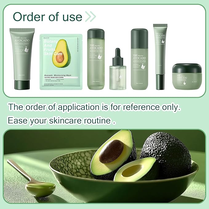 Avocado Face Skincare Set,9 Pcs Avocado Skin Care Set with Face Masks,Face Wash,Lotion,Toner,Face Serum,Face Moisturizer Cream,Eye Cream,Moisturizing Avocado Skin Care Kit