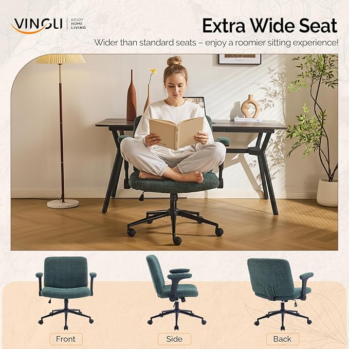VINGLI Criss Cross Chair with Adjustable Flip-Up Arms,Cross Legged Chair with Wheels,Extra Wide Office Chair,Desk Chair for Home,Office,Vanity,Bedroom,Apartment,Starry Chenille,Dark Green