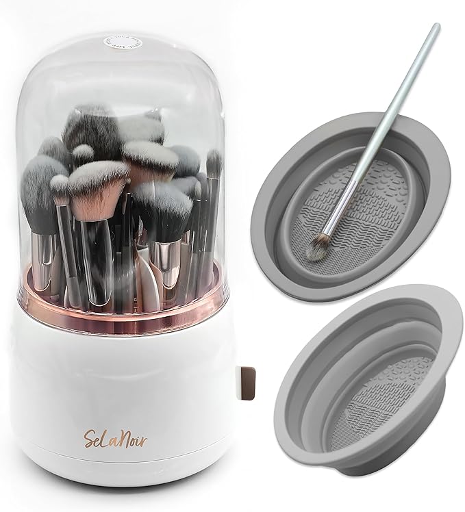 Rotating Makeup Brush Holder with Lid – Dustproof Vanity Organizer for Makeup Brushes, Bonus Foldable Makeup Brush Cleaner Bowl Included, Elegant White Storage Solution
