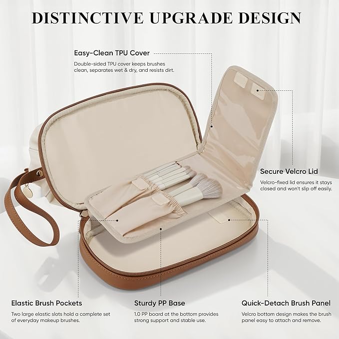 Travel Makeup Bag, Large Capacity Double Layer Cosmetic Bags for Women, Waterproof Portable Make Up Skincare Pouch with Makeup Brush Organizer, Toiletry Bag for Essentials, Beige & Brown