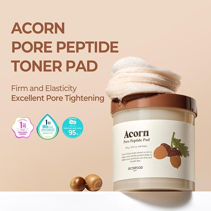 SKINFOOD Acorn Pore Peptide and Carrot Carotene Calming Water Toner, Pore Tightening, Deep Hydration, Moisturizing for Irritated & Sensitive Skin, Carrot (60pads) & Acorn (60pads)