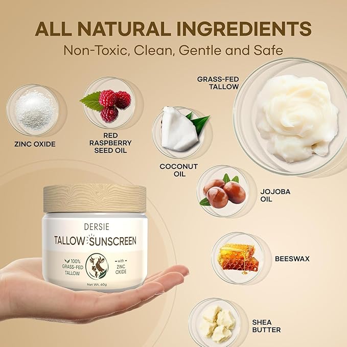 Dersie Tallow Sunscreen SPF 50 – Mineral UV Defense with Non-Nano Zinc Oxide – Face & Body Sun Protection for Adults & Kids – 100% Grass-Fed Beef Tallow for Moisture Retention & Skin Comfort (2.1 oz)