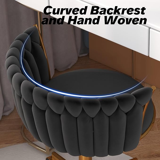Velvet Woven Home Office Chair, Modern Swivel Desk Chair with Wheels, Height Adjustable Vanity Chair with Gold Metal Base and Hand Weaving Back for Bedroom Study Small Space, Black