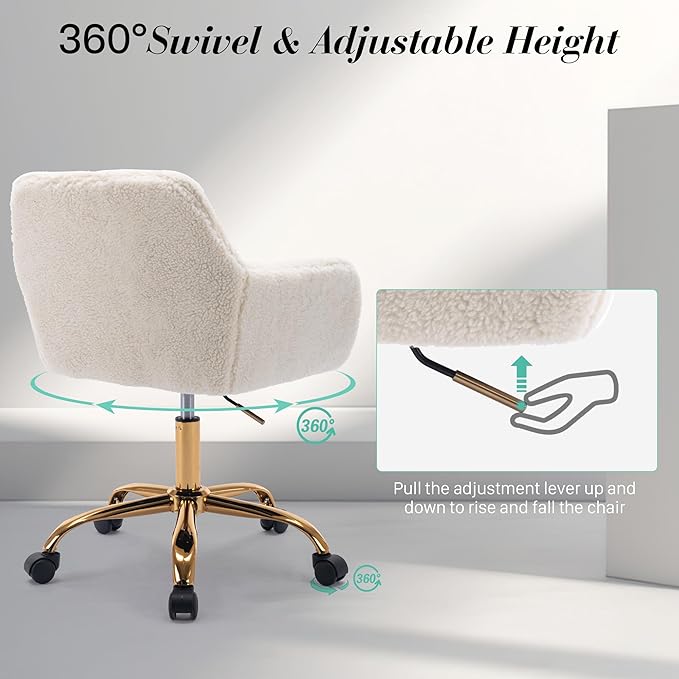 Faux Fur 360°Swivel Desk Chair, Modern Height Adjustable Home Office Armchair with Golden Base for Teens Women Girls, Upholstery Computer Chair for Home Studios, Sherpa & White